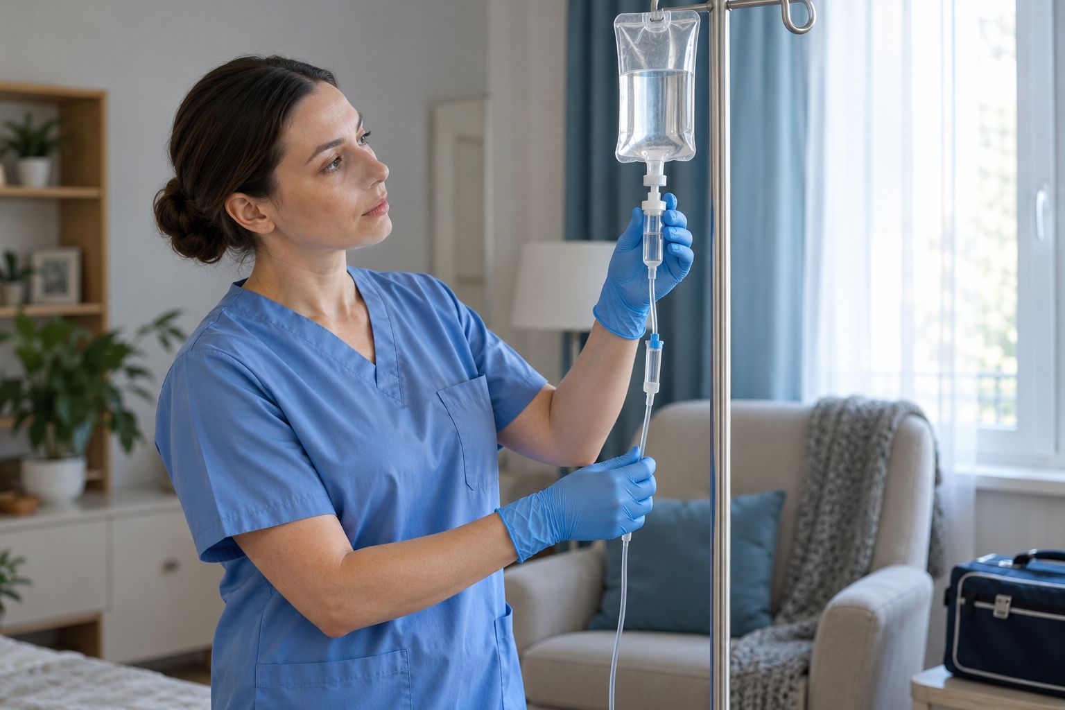 Капельница с физраствором — медсестра проверяет инфузионную систему на дому